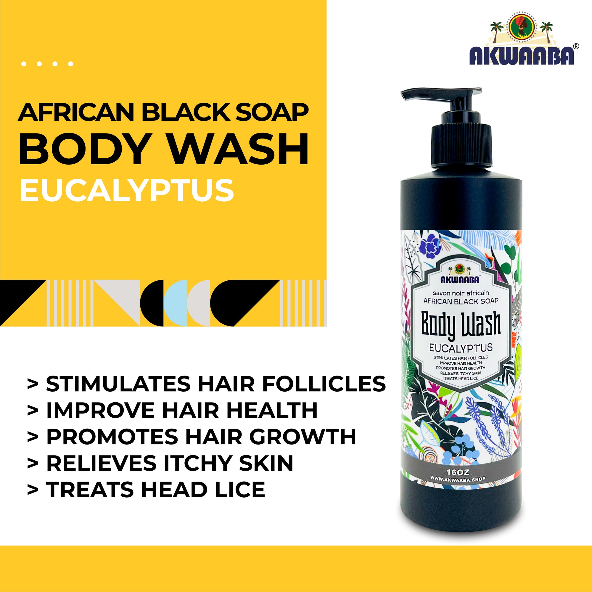 Akwaaba Black Soap Body Wash(Eucalyptus) 16oz